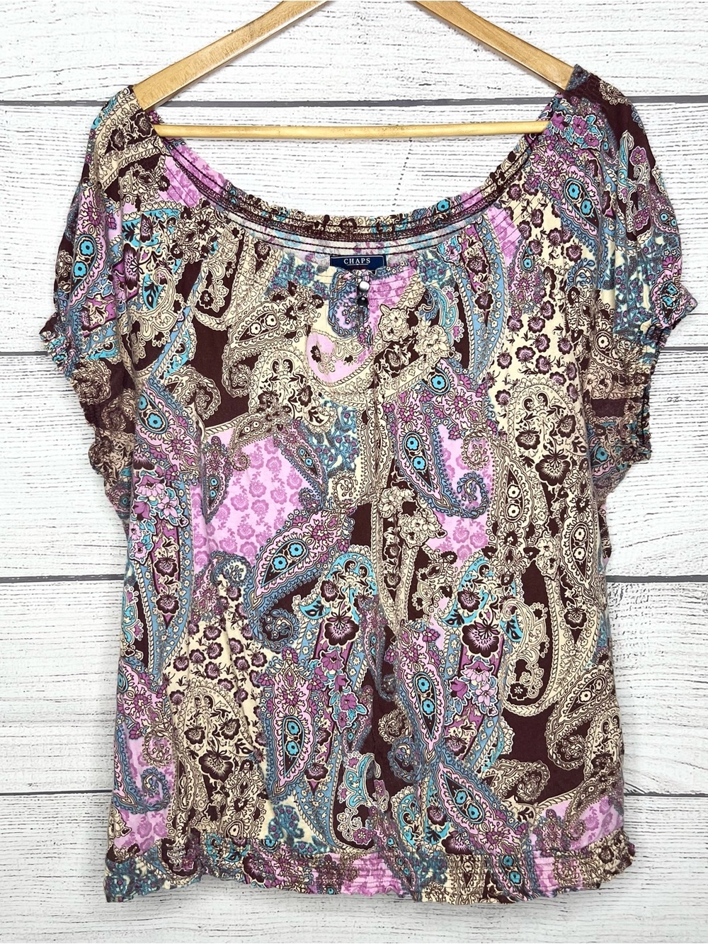 Chaps Boho Pink & Brown Paisley Scoop Neck Peasant Top Size 1X Casual Colorful